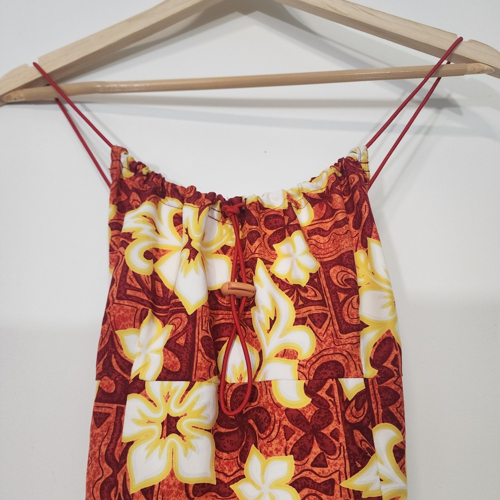 VTG Y2K Miken Hawaiian Floral Mini Dress Red Yellow Bungee Strap USA made Small - Picture 5 of 10